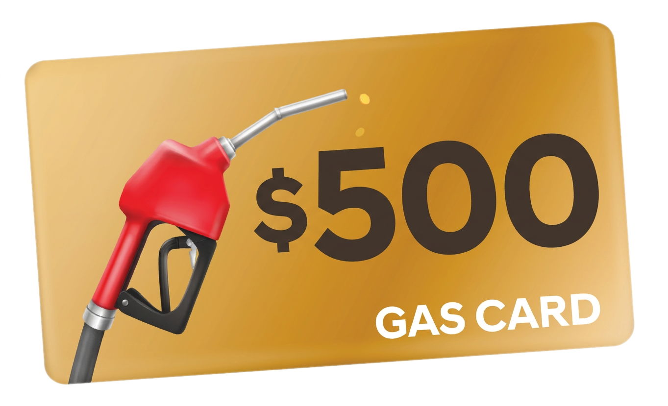 $500 gas card with a red fuel nozzle